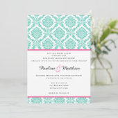 Invitation Mariage damassé rose turquoise chic (Debout devant)