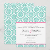 Invitation Mariage damassé rose turquoise chic (Devant / Derrière)