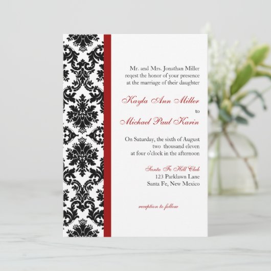 Invitation Mariage damassé rouge et noire (Debout devant)