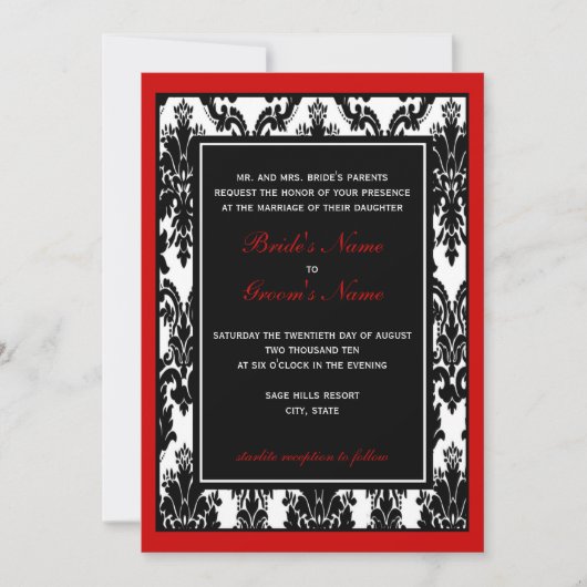 Invitation Mariage damassé rouge noir (Devant)