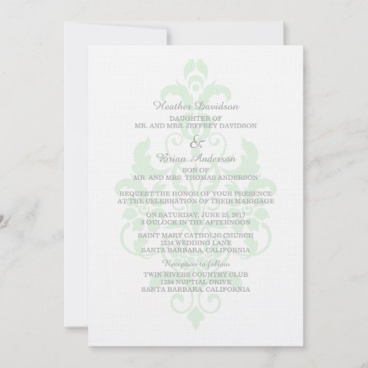 Invitation Mariage damassé subtil et vert à la men (Devant)