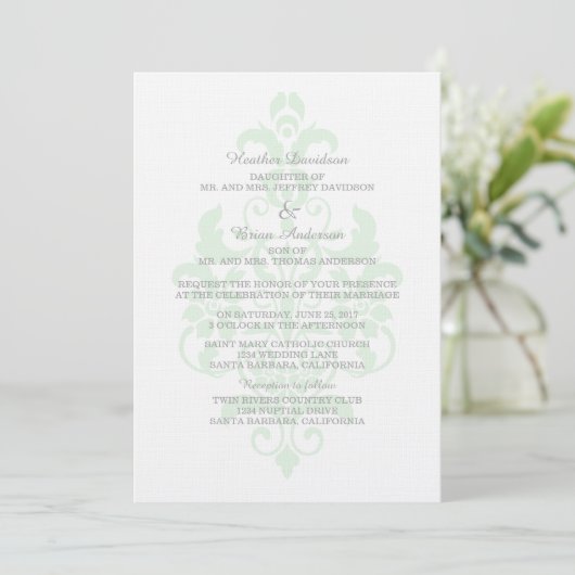 Invitation Mariage damassé subtil et vert à la men (Debout devant)