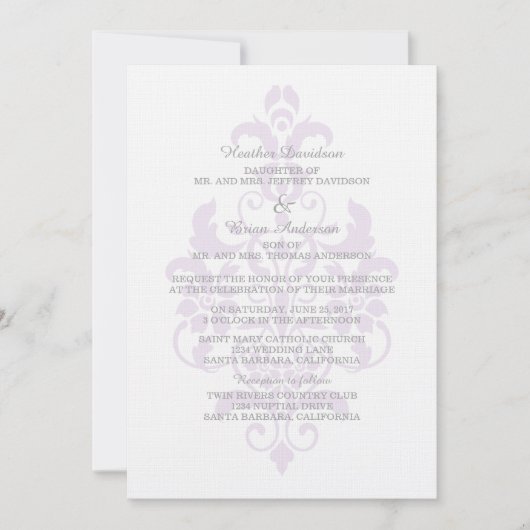 Invitation Mariage damassé subtil violet (Devant)