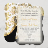 Invitation Mariage damassé traditionnelle blanche noire et or (Devant / Derrière)