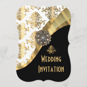 Invitation Mariage damassé traditionnelle blanche noire et or