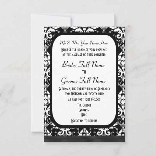 Invitation Mariage damassé traditionnelle en noir et blanc (Devant)