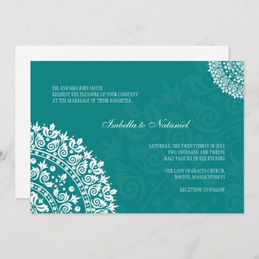 Invitation Mariage damassé turquoise (Devant / Derrière)