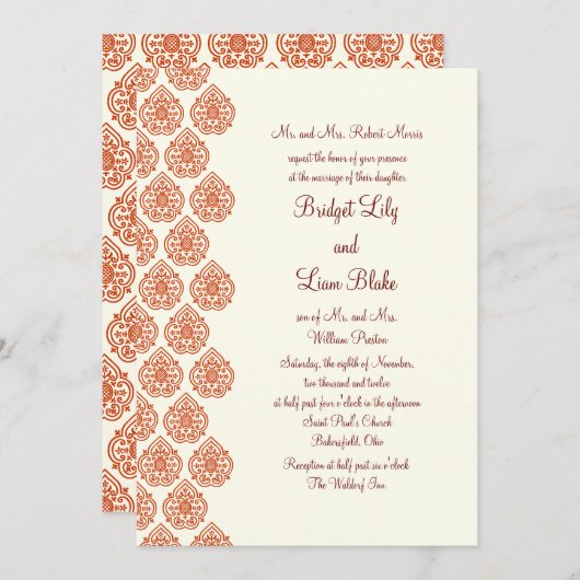 Invitation Mariage damassé Vintage (orange) (Devant / Derrière)