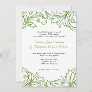 Invitation Mariage damassé Vintage verte et blanch