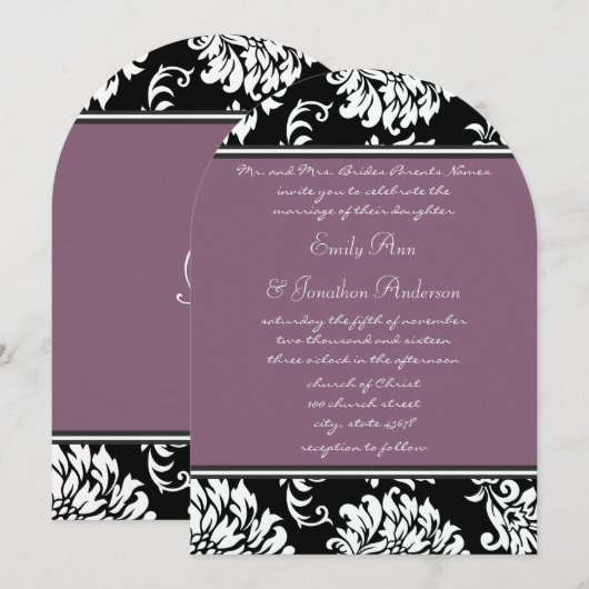 Invitation Mariage damassé violet de forme d'arche à monogram (Devant / Derrière)