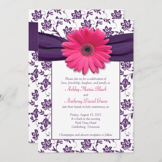 Invitation Mariage damassé violet rose Gerber Dais (Devant / Derrière)