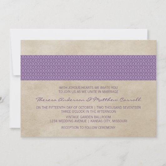 Invitation Mariage damassé violet rustique (Devant)