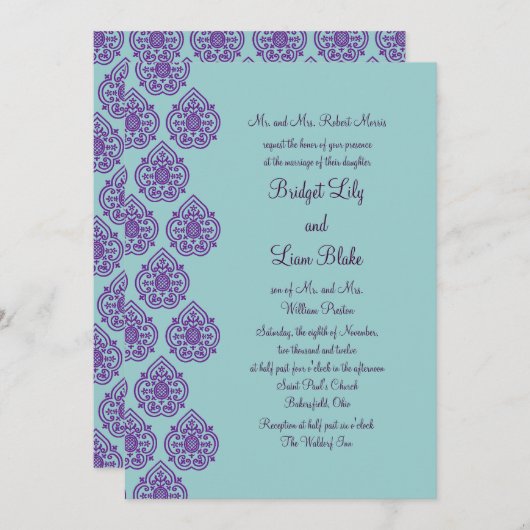 Invitation Mariage damassé violet/turquoise (Devant / Derrière)