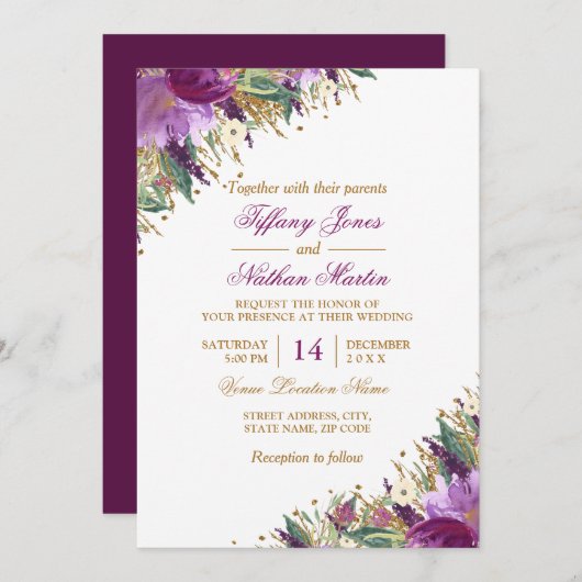 Invitation Mariage d'Améthyste à l'aquarelle florale (Devant / Derrière)