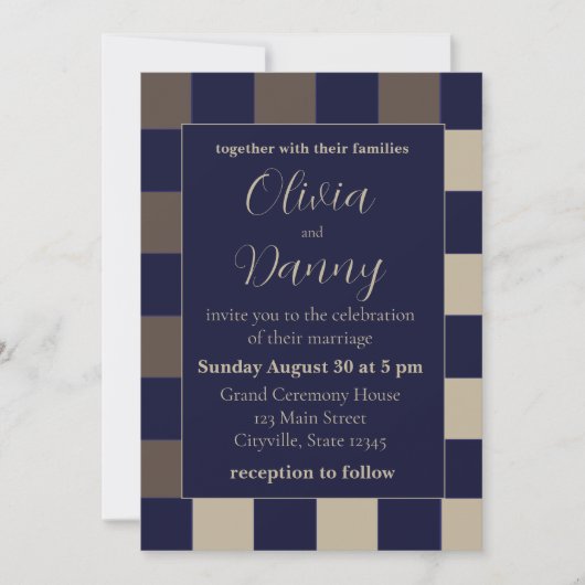 Invitation Mariage Damier Brun Bleu Foncé (Devant)