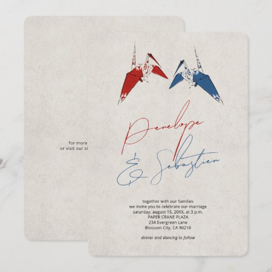 Invitation Mariage d'amour de grue papier (Devant / Derrière)
