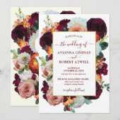 Invitation Mariage d'Amour Floral rose Bourgogne (Devant / Derrière)