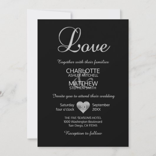 Invitation Mariage d'AMOUR noir blanc argenté classique moder (Devant)