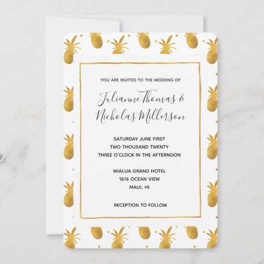 Invitation Mariage d'ananas et de points d'or (Devant)