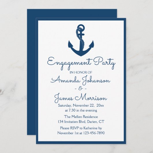 Invitation Mariage d'Ancre bleu de la marine (Devant / Derrière)