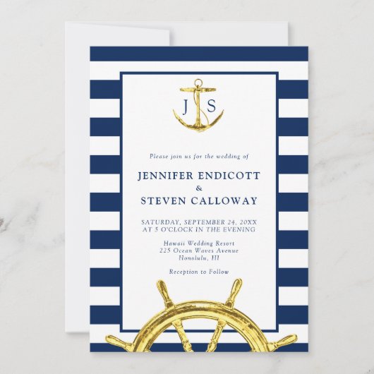 Invitation Mariage d'Ancre bleu et or marine (Devant)