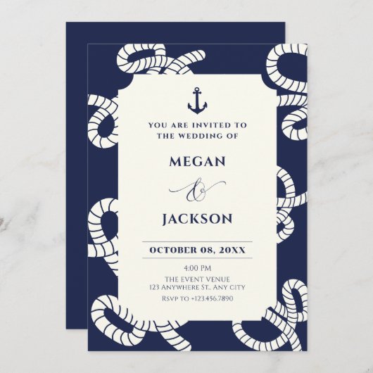 Invitation Mariage d'ancre bleu marine (Devant / Derrière)