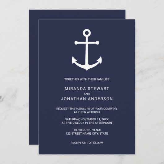 Invitation Mariage d'Ancre bleu marine moderne (Devant / Derrière)