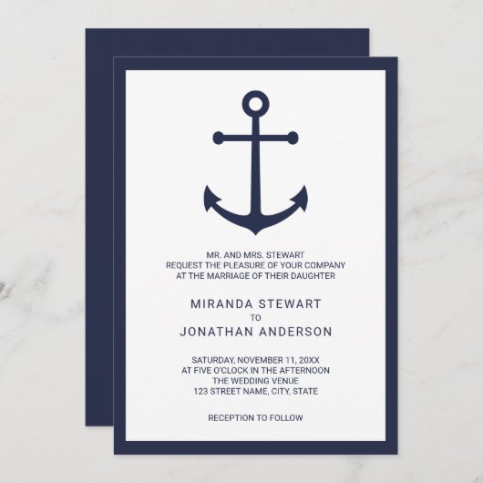 Invitation Mariage d'Ancre bleu marine moderne (Devant / Derrière)