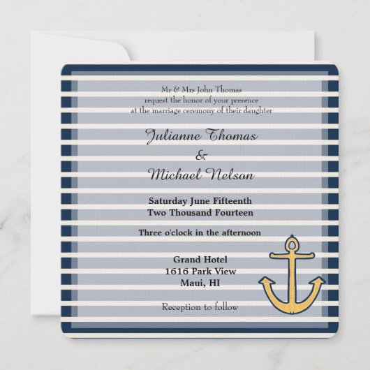 Invitation Mariage d'Ancre de la Marine Blue Stripes (Devant)