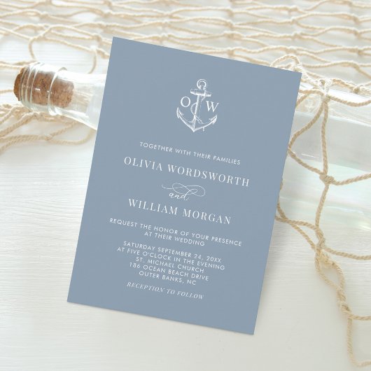 Invitation Mariage d'Ancre de Monogramme bleu-bleu Dusty