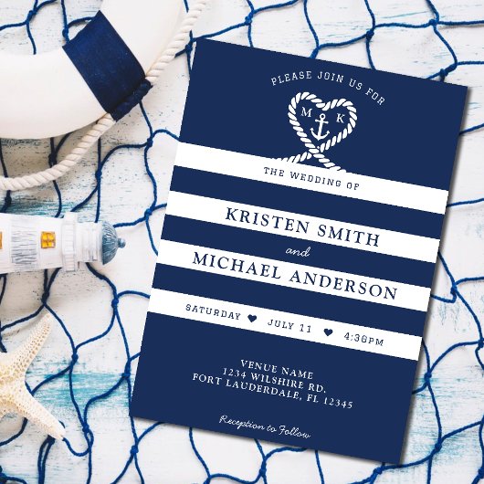 Invitation Mariage d'Ancre du coeur en corde bleue marine