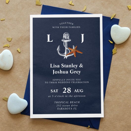 Invitation Mariage d'ancre élégant blanc marine nautique