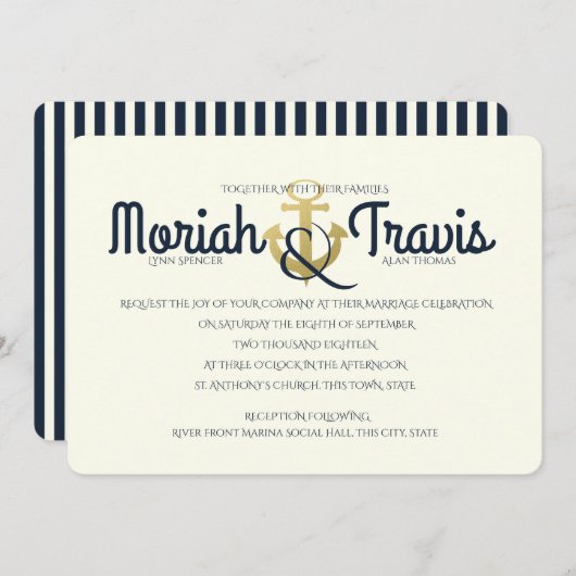Invitation Mariage d'Ancre marine et d'or (Devant / Derrière)