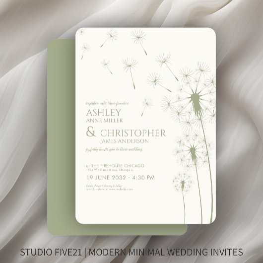 Invitation Mariage Dandelion vert simple et moderne