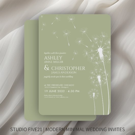 Invitation Mariage Dandelion vert simple et moderne