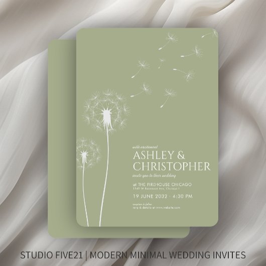 Invitation Mariage Dandelion vert simple et moderne