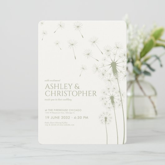 Invitation Mariage Dandelion vert simple et moderne (Debout devant)
