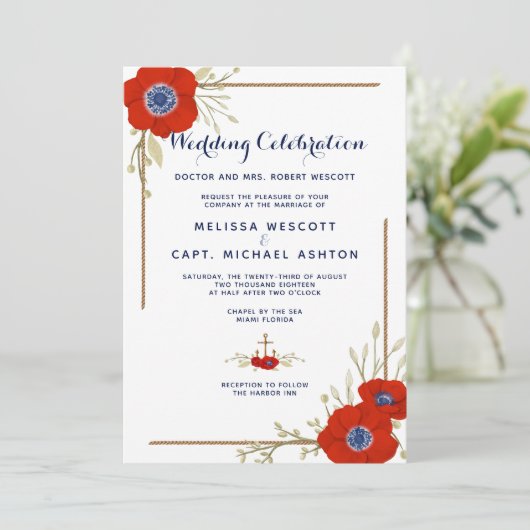 Invitation Mariage d'anémone bleu, blanc et bleu (Debout devant)