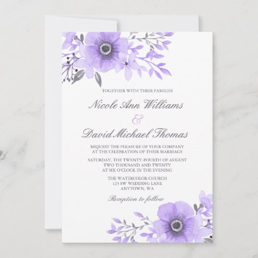 Invitation Mariage d'anémone violet et gris (Devant)