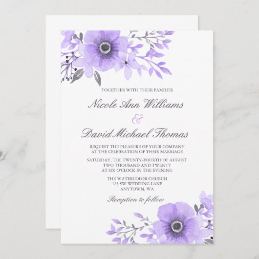 Invitation Mariage d'anémone violet et gris (Devant / Derrière)