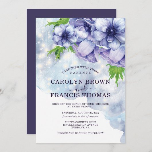 Invitation Mariage d'anémones florales violettes (Devant / Derrière)