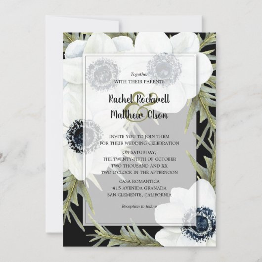 Invitation Mariage d'anémones noir et blanc (Devant)