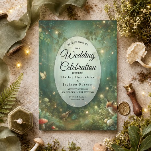 Invitation Mariage dans la Forêt Enchantée de Vert Émeraude