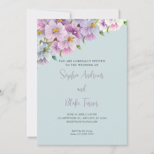 Invitation Mariage dans le jardin bleu Fleur sauvage et viole (Devant)