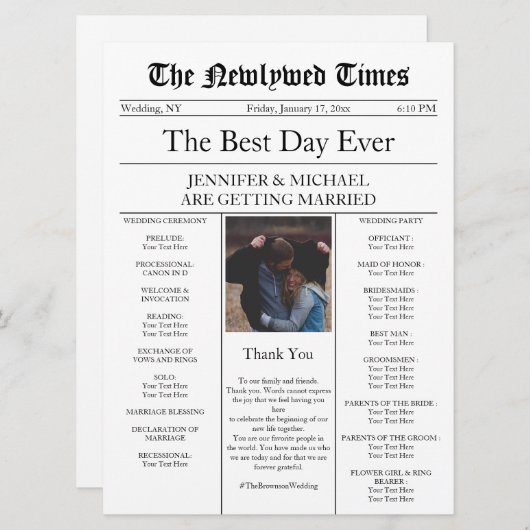 Invitation Mariage dans le Journal Traditionnel (Devant / Derrière)