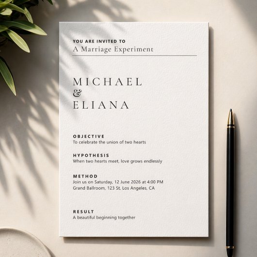 Invitation Mariage dans le style d'un rapport de laboratoire