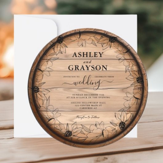 Invitation Mariage dans un tonneau en bois rustique