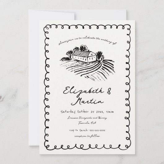 Invitation Mariage dans un vignoble funky dessiné à la main e (Devant)