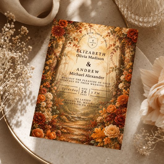 Invitation Mariage dans une forêt automnale enchantée