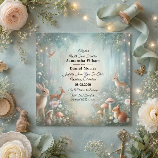 Invitation Mariage dans une forêt enchantée de sarcelle et de